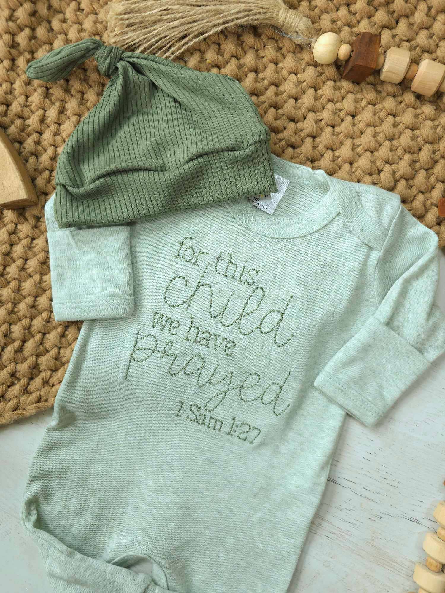 Premium For This Child We Have Prayed Embroidered Romper | Soft Sage Green