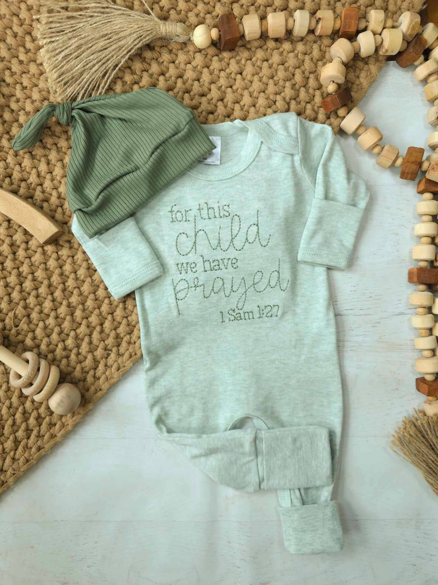 Premium For This Child We Have Prayed Embroidered Romper | Soft Sage Green